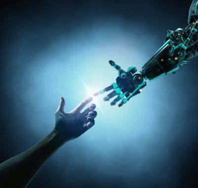 Caucasian Woman Touching Robot Arm